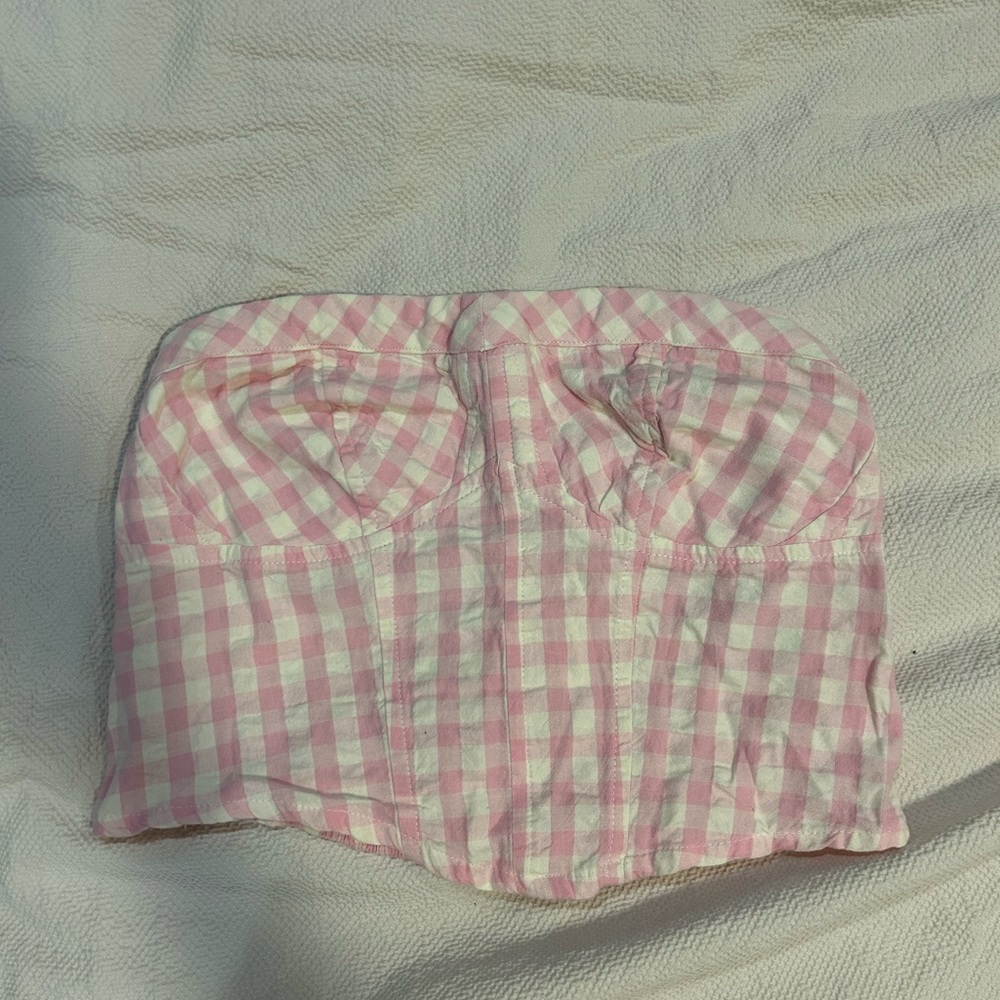 Free People Pink and White Gingham Bustier Crop Top